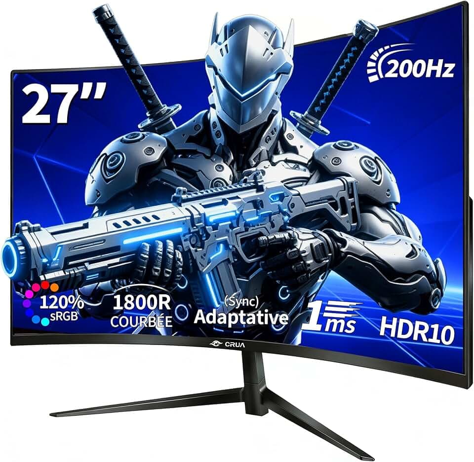 CRUA Gaming incurvé Écran 27 Pouces 200 Hz, FHD 1080P 1800R Moniteur PC, 1 ms GTG avec FreeSync, Faible Flou de Mouvement, Protection des Yeux, VESA, DisplayPort, HDMI,