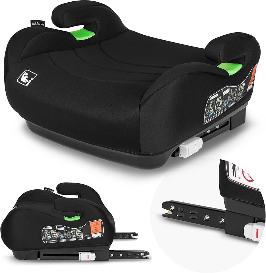 LIONELO LUUK FIX i-Size Réhausseur Siège Auto pour Enfants avec ISOFIX, de 22 à 36 kg/ 125-150 cm, Groupe 2 et 3, Siège et Accoudoirs Confortables, Housse Amovible (Black)