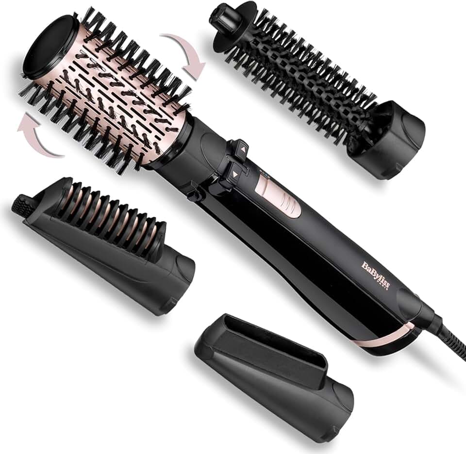 BaByliss Brosse soufflante rotative Dry, Straighten and Style - Pour sécher, lisser et mettre en forme, Fonction ionique, Avec 4 accessoires interchangeables, Noir, AS200E