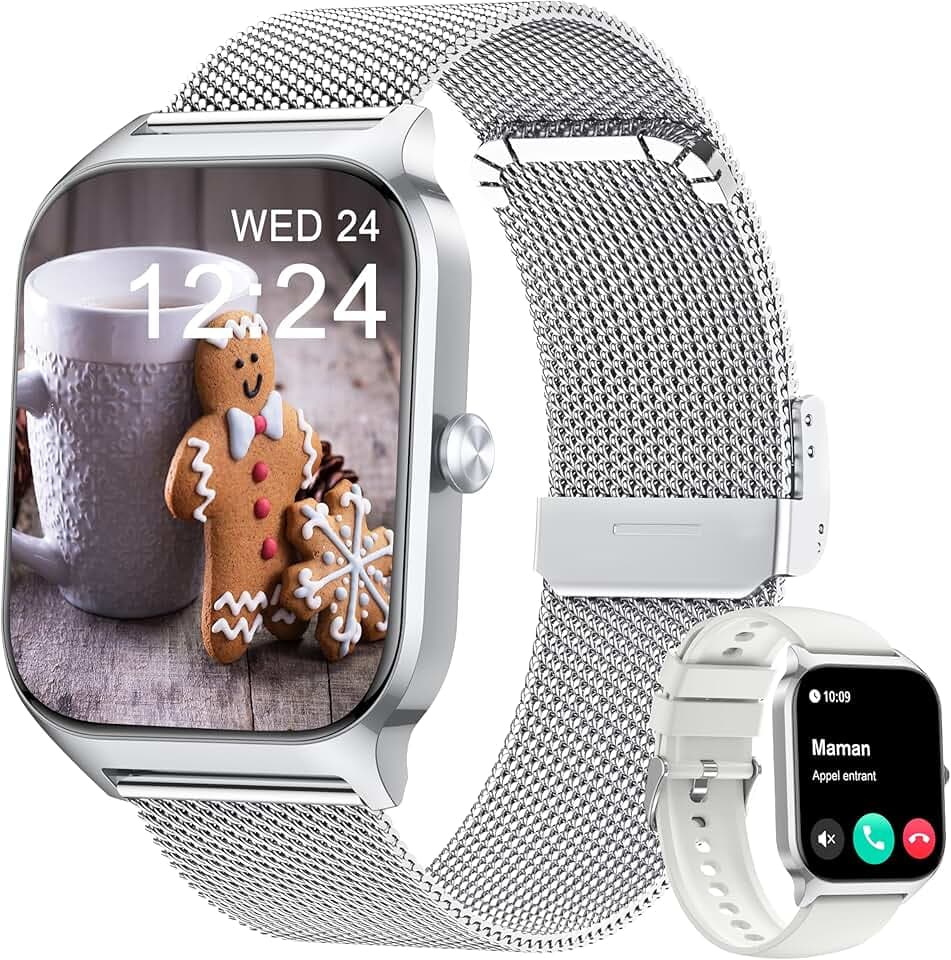 KALINCO Montre Connectée Homme Femme, 1.85” AI Smartwatch avec Appel Bluetooth, Pression Artérielle, Stress, Podometre, Sommeil, Cardiofrequencemetre, 100+ Sport Bracelet, Cadeaux pour Android iOS