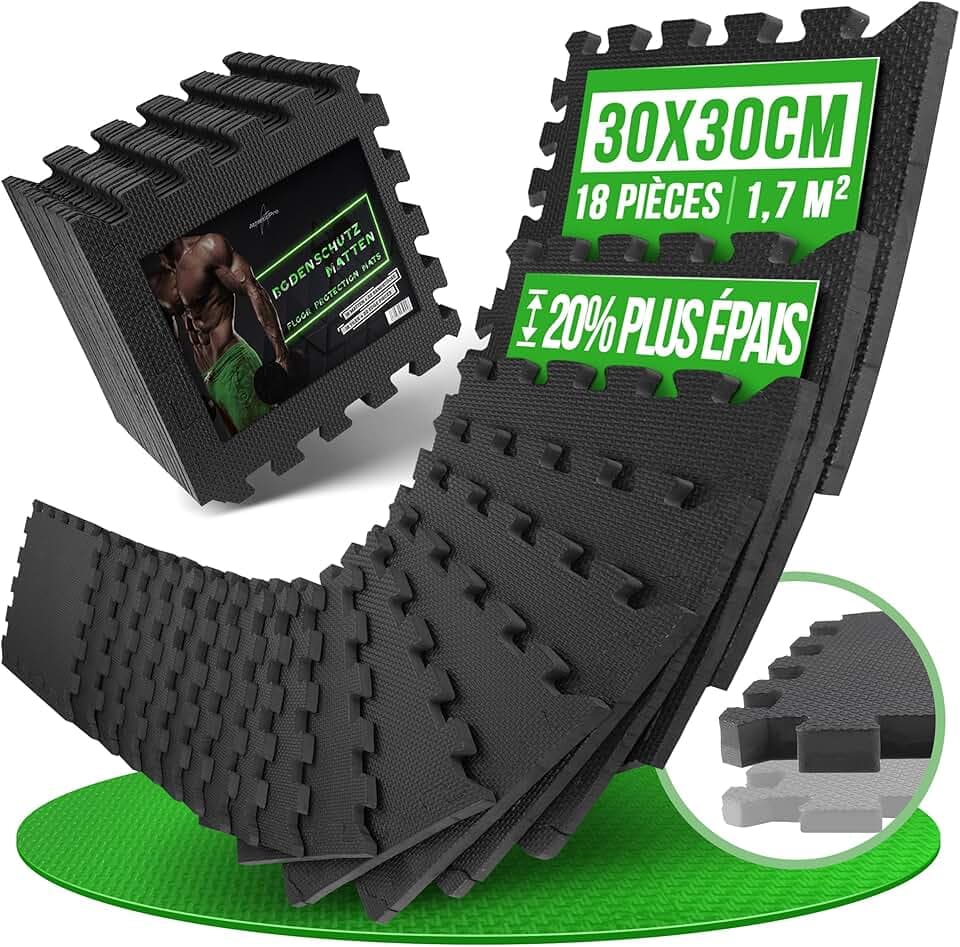 AthleticPro – Tapis de Sol Fitness 30× 30 cm • Extra Épais & Antidérapant • Protection Sol modulable • Compatible Salle de Sport & Home Gym • Lot 18 dalles + 22 embouts