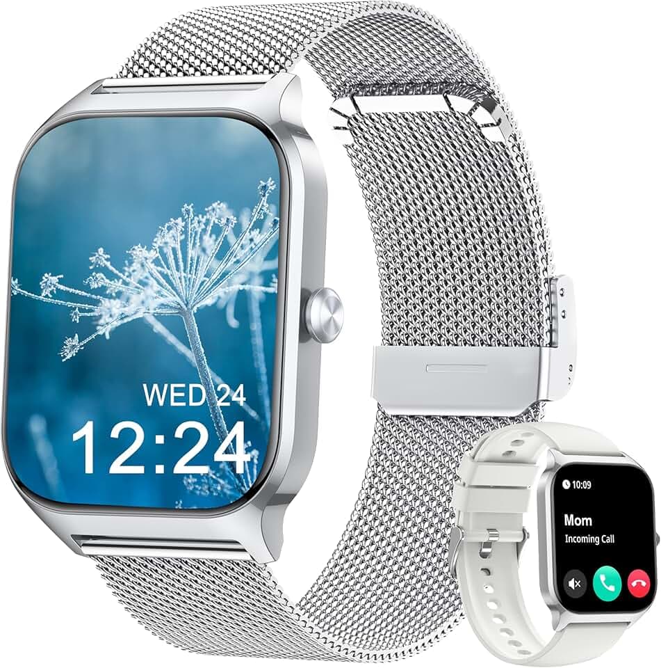 Popglory Montre Connectée pour Samsung Apple Android Phone, 1.85" Smartwatch Homme Femme avec Appel Bluetooth, Tensiomètre, Fréquence Cardiaque, SpO2, Stress, Sommeil, Podomètre, 100+ Sports, Cadeau