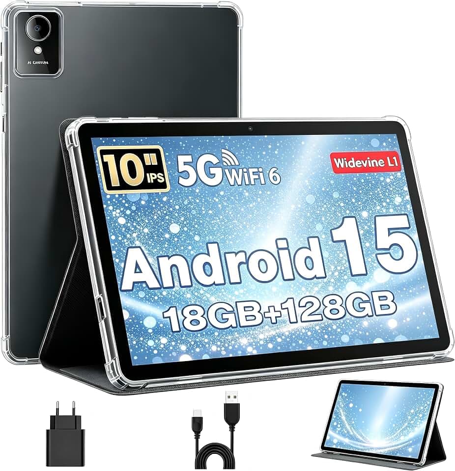 Tablette 10 Pouces, Tablette Android 15 avec Étui, Unisoc T30 Quad-Core, 18 GO RAM + 128 GO ROM + 1 TO TF, Écran HD IPS 1280x800, Caméra Double 5MP + 8MP, 6000 mAh, WiFi 6, BT 5.0, Widevine L1 (Noir)