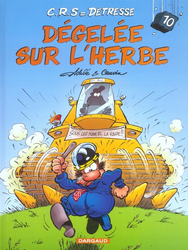 C'est le printemps ! Les amoureux cueillent les fleurs, merveilleux signes avant-coureurs du renouveau de mère nature. Eugène Lacrymo, notre Gégène à nous, n'a même pas à se baisser pour ramasser les nouveaux pavés qui vrombissent dans l'air printanier. C'est livraison à domicile. D'autant que la maison Comte Andan, fournisseur attitré de tout ce qui conteste et manifeste, vient de recevoir un nouveau modèle : joli robe, beau granit gris souris, bien équilibré en main, design parfait, ligne d'avant ? garde, poids idéal, il renvoie au musée la vieille relique de 68 que votre papa vous a légué avec des sanglots dans la voix (publique).C'est aussi le printemps pour Pamela, la CRS un tantinet obsédée sexuelle qui peut enfin dévoiler ses jolies formes. Ses collègues adoptent aussi sec le profil bas. Car la collègue ne pense qu'à '' ça ''. Toujours volontaire pour les séances de secourisme la Pamela, surtout lors des cours de bouche-à-bouche. À propos de bouche-à-bouche, un qui aurait dû se méfier, c'est Gédéon, le fiston de Gégène. Embrasser un crapaud peut avoir des conséquences familiales insoupçonnées. Notez que le lancer de manifestant, une spécialité Gégène, a aussi de fâcheuses répercussions sur sa vie familiale, en particulier nocturne. Chaque métier à ses petits ennuis.Et ses dommages collatéraux ! On ne remerciera jamais assez Achdé et Cauvin d'avoir osé montrer les risques pris par de pauvres CRS obligés de taper, qui sur un médecin, qui sur un moniteur de saut à l'élastique. Ou encore d'avoir accepté de divulguer comment un être sensible, sain et équilibré tel qu'Eugène Lavcrymo, peut se retrouver coiffé d'une flamboyante coiffure indienne ou le corps couvert de bien curieuses peintures de guerre (urbaine).Un grand merci aussi aux auteurs pour leur contribution constante à l'enrichissement du vocabulaire des rues. '' Cressons de latrines, couillons de la lune, croupions mouillés, testicules de mulets, Chtouille de yeti, tréponèmes asmathiques, zézettes de canaris'' feront, c'est sûr, la joie de tous !