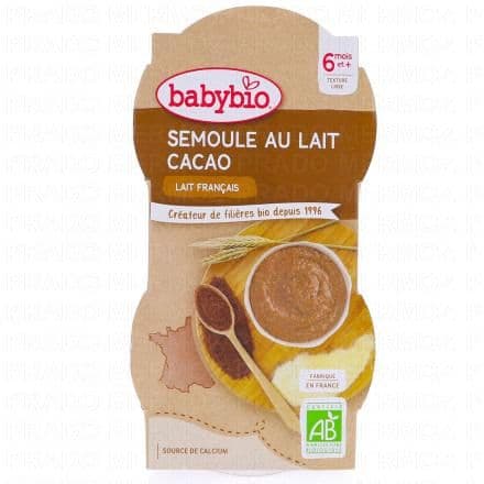 BABYBIO Desserts lactés - Semoule au lait cacao Bio +6 mois 2x100g