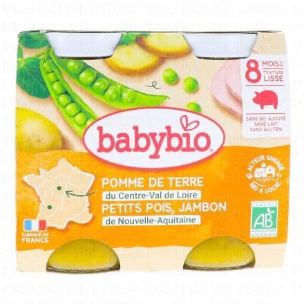 BABYBIO Repas du Midi - Petits pots Pomme de terre, Petits Pois et Jambon 2x200g dès 8mois