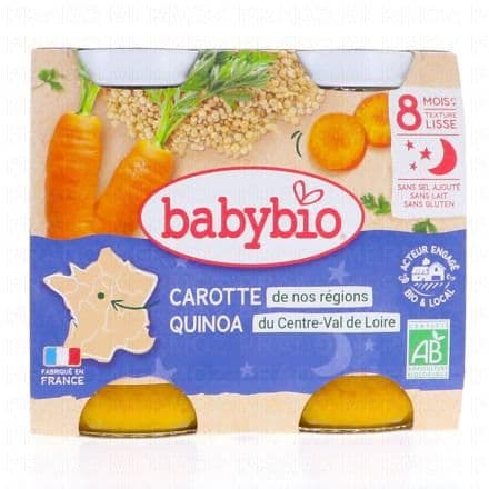 Deux petits pots à la mouliné de carotte des Landes et quinoa, issus de l'agriculture biologique. Dès 8 mois Régalez bébé avec les petits pots BABYBIO, tous issus de l'agriculture biologique. Fabriqués en France, ils sont parfaits pour diversifier l'alimentation de vos petits bouts et leur permettre de découvrir de nouveaux goûts.