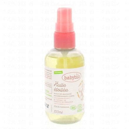 Huile de massage pour le corps, dès la naissance Babybio Huile Étoilée Huile de Massage Nourrissante Corps Bio est une huile de massage nourrissante à la texture soyeuse et non grasse, qui vous permettra de profiter, vous et votre bébé, de toute la complicité que procure le moment du massage.Sa formule apaise et prévient la peau du dessèchement. Elle est basée sur une liste limitée d'ingrédients, dont l'extrait de carotte Bio de Provence pour sa richesse en bêta-carotène. Son parfum délicat, d'origine naturelle, a été développé dans la région de Grasse.Source de bien-être, elle calme et prépare votre bébé au sommeil. Sa peau est souple, protégée et délicatement parfumée.
