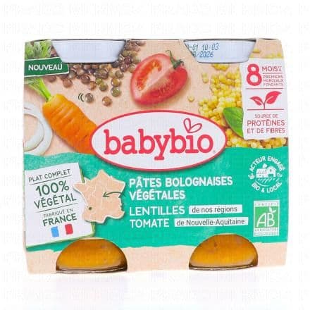 BABYBIO Végétal - Pâtes Bolognaises Végétales Lentilles Tomate +8Mois Bio 2x200 g