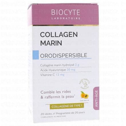 Collagène, Acide hyaluronique, Vitamine C BIOCYTE Collagène Marin Orodispersible 20 Sticks est un complément alimentaire qui contribue à la formation normale de collagène pour assurer le fonctionnement normale de la peau grâce à la présence de vitamine C.