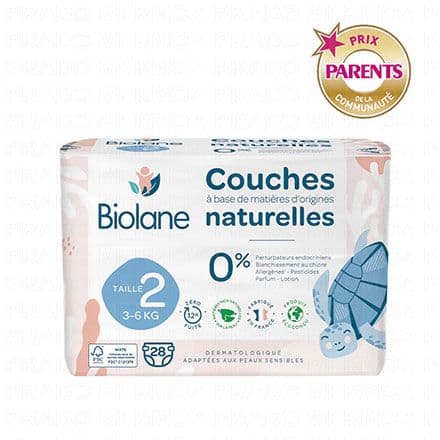BIOLANE Couches naturelles zéro fuites 12h taille 2 - 3à6kg x28 couches
