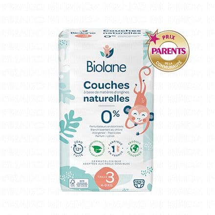 BIOLANE Couches naturelles zéro fuites 12h taille 3 - 4à9kg x52 couches