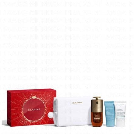 Ce coffret contient :- 1 Double Serum Light Texture 30 ml- 1 Hydra-Essentiel Crème désaltérante - Peaux normales à sèches 15 ml- 1 Cryo-Flash Cream-Mask 15 ml- 1 Trousse'' Vos essentiels jeunesse pour cibler les signes de l’âge, un effet lift instantané et une peau hydratée.Ce coffret spécial peaux déshydratées contient 3 soins experts visage : l'iconique Double Serum nouvelle génération, en version light pour les peaux à tendance grasse, idéal aussi pour les hommes. Le traitement jeunesse complet à la texture plus'''' légère'''' qui contribue à vous donner une peau plus lisse et raffermie, plus rebondie et plus éclatante. Pour désaltérer la peau, complétez votre routine avec la Crème de jour Hydra-Essentiel qui aide à les repulper intensément. Sa formule innovante contient le duo d'acides hyaluroniques Clarins associé à l'extrait de kalanchoé officinal qui contribue à réactiver le pouvoir auto-hydratant de la peau. Enfin le Cryo-Flash Mask-Cream à l'effet tenseur instantané, booster de fermeté et d'éclat : le masque anti-âge pour une peau plus ferme et plus lumineuse. Une jolie trousse composée à 86% de fibres recyclées contient ces produits. Son étui recyclable* est imprimé sur du papier issu de forêts gérées durablement. *Selon les consignes locales.
