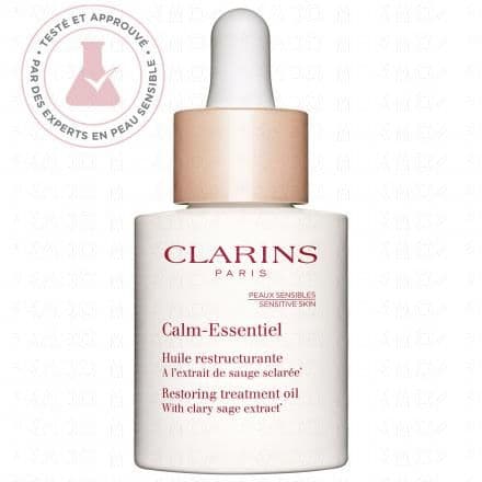 Huile restructurante apaisant pour les peux sensibles et fragilisées L‘huile SOS des peaux réactives à 98% d’ingrédients d’origine naturelle. Cette huile nourrissante est le soin sensoriel essentiel des peaux sensibles et fragilisées, formulé avec un minimum d’ingrédients pour un maximum de tolérance et d’efficacité. Avec 98% d’ingrédients d’origine naturelle, enrichie en huile de camélia bio et en huile d’abricot bio, ce soin visage, apaise immédiatement les sensations d’inconfort de votre peau (sécheresse, tiraillements, démangeaisons, sécheresse cutanée). Votre peau est réconfortée, nourrie, souple et douce. Jour après jour, son seuil de tolérance est amélioré. Une huile nourrissante idéale pour avoir la peau apaisée, hydratée, souple et douce. Le secret de ce soin visage ? L’extrait purifié de sauge sclarée* aux propriétés apaisantes qui aide à réduire les sensations d’inconfort, les tiraillements, les démangeaisons, les rougeurs et la sécheresse cutanée. *Sclaréolide, molécule purifiée issue de la sauge sclarée. Les + Clarins : - Un soin testé et approuvé par des experts en peau sensible. - Des ingrédients essentiels pour une tolérance optimale. - Un parfum floral musqué spécialement développé pour les peaux sensibles. Délicat et enveloppant, il a été créé pour vous apaiser, vous relaxer. - Une texture ultra-sensorielle. Pour qui : Toutes les femmes ayant la peau sensible à la recherche de soins spécifiques pour apaiser les sensations d’inconfort et protéger leur peau. Clarins s’engage à préserver la planète : Etuis en carton issu de forêts gérées durablement. Packaging intégrant du verre et/ou plastique recyclé. MADE IN FRANCE* (*Fabriqué en France).