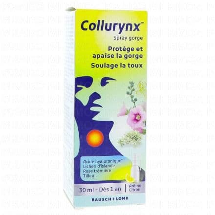 Protège et apaise la gorgeSoulage la toux Collurynx™ est un dispositif médical sous forme de spray pour la gorge qui, lors de son utilisation, enrobe les muqueuses de la cavité buccale, de la gorge, des cordes vocales et du larynx, créant un film mucoadhésif qui protège contre l'effet irritant de facteurs externes tels que les bactéries ou les virus.Ce dispositif médical contient de l'acide hyaluronique et des extraits naturels de lichen d'islande, de rose trémière et de tilleul, riches en substances mucineuses, qui tapissent les muqueuses pour protéger et former un bouclier autour des terminaisons nerveuses sensorielles (responsables de la sensation de maux de gorge et de la toux).