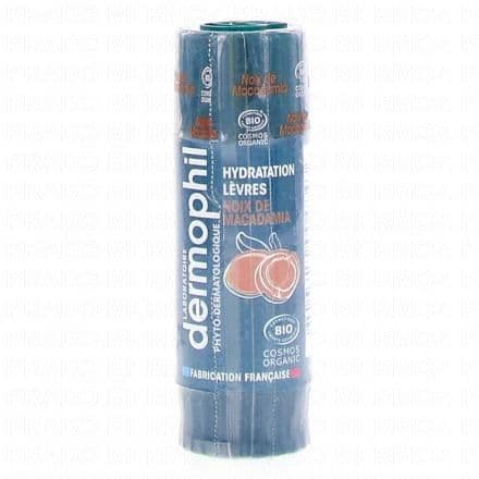 Hydratation des lèvres. Dermophil Indien Hydratation Lèvres Bio Stick 4 g - Goût : Noix de Macadamia est un baume quotidien qui hydrate les lèvres abîmées tout en laissant un goût apaisant.Sa formule associe :La cire d'abeille Bio pour prévenir le dessèchement cutané.Le beurre de karité pour réparer, apaiser, hydrater et renforcer la muqueuse labiale.Sa base d'origine naturelle est enrichie en huile de macadamia Bio, huile d'amande douce Bio, huile de lin Bio, extrait huileux de grenade Bio, huile de tournesol.