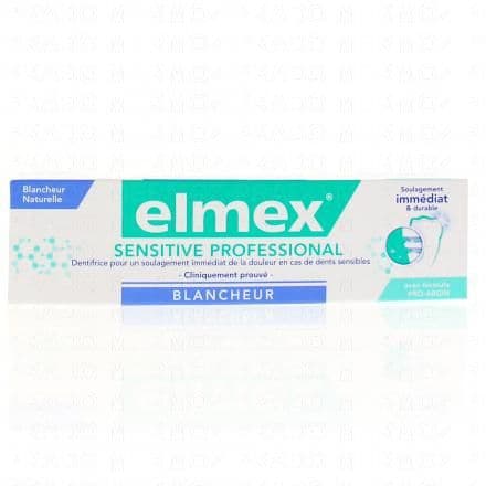 Dentifrice fluoré blanchissant au Pro-Argin. Le dentifrice Elmex sensitive pro Blancheur obture les canaux conduisant aux nerfs dentaires sensibles, de façon à bloquer la douleur. Utilisé régulièrement, il forme une barrière protectrice de longue durée servant de rempart contre la sensibilité. La douleur est immédiatement soulagée, et de manière durable. Soin protecteur, soulage immédiatement et durablement la sensibilité dentaire. Restaure la blancheur naturelle des dents. Conditionnement : tube, étui carton. ¤marquage CE : CE 0483.