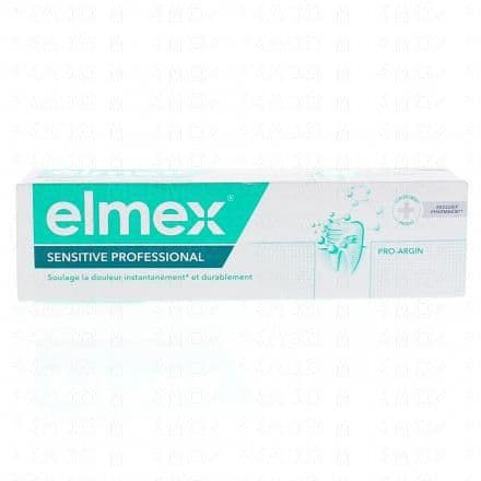 Dentifrice fluoré au Pro-Argin. Le dentifrice Elmex sensitive pro couvre les canaux conduisant aux nerfs dentaires sensibles, afin de bloquer la douleur. Utilisé au quotidien, il forme une barrière protectrice de longue durée servant de rempart contre la sensibilité. La douleur est immédiatement soulagée, et de manière durable. Soin protecteur, soulage immédiatement et durablement la sensibilité dentaire.