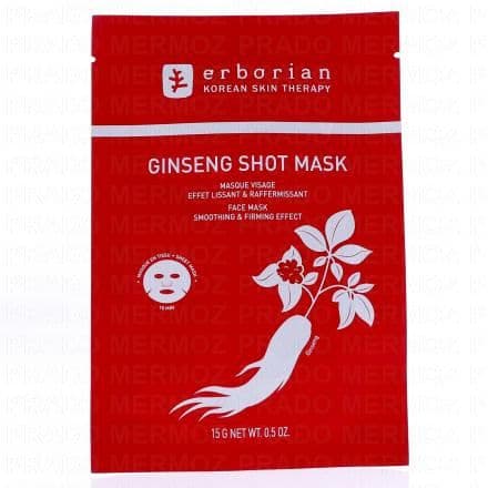 Masque visage effet lissant & raffermissant Le masque en tissu Ginseng Shot Mask d’Erborian, est un véritable concentré de jeunesse, à l'efficacité instantanée, dès l’application, l’essence d’un sérum riche pénètre grâce à une trame soyeuse en fibres de cellulose qui optimise la diffusion des actifs. Au cœur de cette formule, un complexe de Ginseng blanc coréen de 6 ans d’âge joue le rôle de chef d’orchestre hydratant, lissant et antioxydant. Il est accompagné de niacinamide, pour une fermeté durable, et d’acide hyaluronique, qui repulpe la peau en surface. Dès le retrait du masque, la peau paraît visiblement lissée, plus ferme, plus lumineuse, comme redynamisée, détendue et restaurée. L’éclat du teint est réveillé, les rides et ridules semblent estompées, et le grain de peau affiné comme si vous aviez reçu une dose express de beauté.