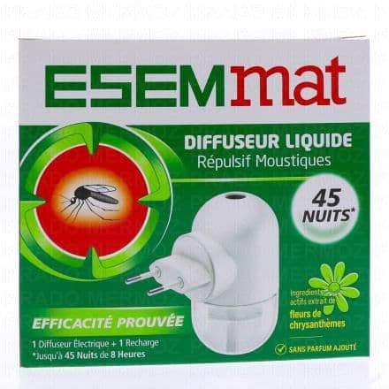 1 Diffuseur Electrique et une 1 Recharge liquide Passez l'été en toute tranquillité grâce au diffuseur liquide de ESEMmat . Il repousse les moustiques jusqu'à 45 nuits de 8 heures (Pour 1 recharge). Formulé avec des ingrédients actifs extrait de fleurs de chrysanthèmes. Sans parfum ajouté.
