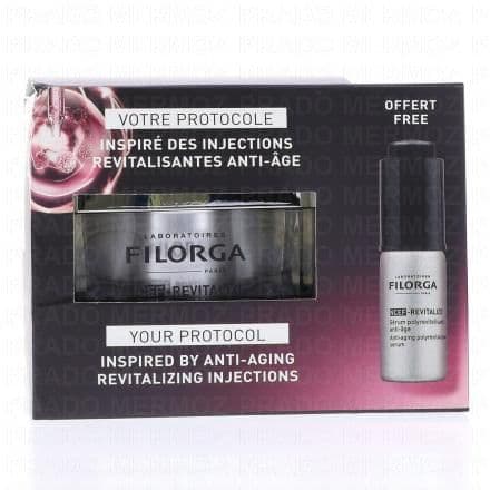 Ce coffret contient : - Crème Polyrevitalisante Raffermissante 50ml- Sérum Polyrevitalisant Anti-Age 5ml Le sérum NCEF-REVITALIZE SERUM de Filorga est un sérum anti-âge polyrevitalisant qui renforce le métabolisme cellulaire et les défenses de l’épiderme pour une peau plus lisse, plus homogène et plus lumineuse.Il est enrichi en NCEF, un complexe exclusif inspiré des injections anti-âge. Il associe 10 ingrédients essentiels, tels que vitamines, acides aminés, et co-enzymes, pour stimuler la production de collagène et d’élastine tout en renforçant la protection antioxydante et la barrière cutanée.Grâce à une technologie d’encapsulation avancée, les actifs pénètrent efficacement dans la peau.Sa texture ultra-légère, non grasse et non collante, offre un fini doux et lumineux.Ce sérum améliore la texture, l'homogénéité et la luminosité de la peau, avec des résultats comparables aux injections revitalisantes après 9 semaines d’utilisation.La Crème NCEF-REVITALIZE de Filorga est une crème anti-âge revitalisante qui réduit les signes de vieillissement en seulement 7 jours.Elle utilise le complexe NCEF, exclusif à Filorga, inspiré des injections anti-âge, combinant 10 ingrédients essentiels comme des Vitamines et des Acides Aminés pour stimuler la production de collagène et d'élastine, tout en renforçant la protection antioxydante et la barrière cutanée.En parallèle, 5 Tripeptides contribuent à améliorer le tonus et l'élasticité de la peau.