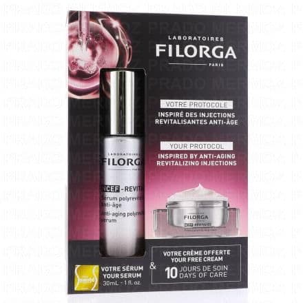Ce coffret contient : - Sérum Polyrevitalisant Anti-Age 30ml- Crème polyrevitalisante raffermissante 50ml OFFERTE Le sérum NCEF-REVITALIZE SERUM de Filorga est un sérum anti-âge polyrevitalisant qui renforce le métabolisme cellulaire et les défenses de l’épiderme pour une peau plus lisse, plus homogène et plus lumineuse.Il est enrichi en NCEF, un complexe exclusif inspiré des injections anti-âge. Il associe 10 ingrédients essentiels, tels que vitamines, acides aminés, et co-enzymes, pour stimuler la production de collagène et d’élastine tout en renforçant la protection antioxydante et la barrière cutanée.Grâce à une technologie d’encapsulation avancée, les actifs pénètrent efficacement dans la peau.Sa texture ultra-légère, non grasse et non collante, offre un fini doux et lumineux.Ce sérum améliore la texture, l'homogénéité et la luminosité de la peau, avec des résultats comparables aux injections revitalisantes après 9 semaines d’utilisation.La Crème NCEF-REVITALIZE de Filorga est une crème anti-âge revitalisante qui réduit les signes de vieillissement en seulement 7 jours.Elle utilise le complexe NCEF, exclusif à Filorga, inspiré des injections anti-âge, combinant 10 ingrédients essentiels comme des Vitamines et des Acides Aminés pour stimuler la production de collagène et d'élastine, tout en renforçant la protection antioxydante et la barrière cutanée.En parallèle, 5 Tripeptides contribuent à améliorer le tonus et l'élasticité de la peau.