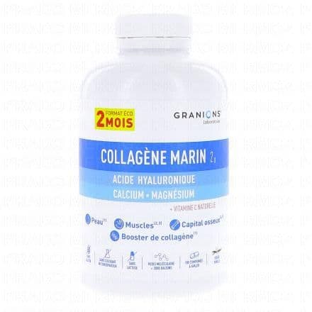 Magnésium, Vitamine C, Calcium, Acide hyaluronique, Collagène GRANIONS Collagène Marin 2g x180 comprimés est un complément alimentaire qui contribue au maintien d'une peau en bonne santé grâce à la présence de Collagène. L'Acide hyaluronique aide à garder l'élasticité de la peau. La vitamine C favorise la protection des cellules contre le stress oxydatif. Le Calcium aide au maintien d'une ossature normale.