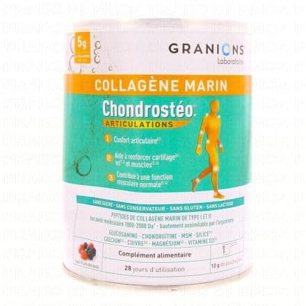 Magnésium, Glucosamine, Calcium, Cuivre, Vitamine D3, Bambou, Chondroïtine, Collagène, Msm GRANIONS Collagène marin - Chondrostéo articulations 280g est un complément alimentaire qui favorise la santé des articulations grâce à la présence de Glucosamine, de MSM et de Chondroïtine. Le Collagène favorise la régénération (naturelle) du cartilage articulaire. Le cuivre aide au maintien de tissus conjonctifs normaux. Le magnésium contribue à une fonction musculaire normale