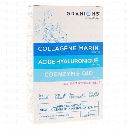 Acide hyaluronique, Coenzyme Q10, Collagène, Manganèse, L-méthionine GRANIONS Collagène Marin, Acide Hyaluronique, Coenzyme Q10 60 comprimés est un complément alimentaire qui contribue à garder la mobilité au niveau articulaire grâce à la présence d'Acide hyaluronique et de Collagène. Le Coenzyme Q10 et le Manganèse aident à protéger les cellules contre le stress oxydatif.