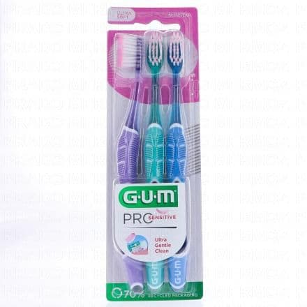 Brosse à dent Pro sensitive ultra soft. Nettoyage efficace en douceur Les brosses à dents GUM Pro Sensitive sont conçues pour offrir un nettoyage ultra-doux et efficace des dents. Avec leurs brins effilés très fins (1/100ème) qui pénètrent 40% plus profondément dans les sillons gingivaux, vos dents sont nettoyées en profondeur. Les brins ultra-souples (15/100ème) assurent un brossage efficace tout en étant doux pour vos dents et vos gencives sensibles. De plus, leur manche ergonomique a été conçu pour faciliter le brossage avec un angle de 45°.
