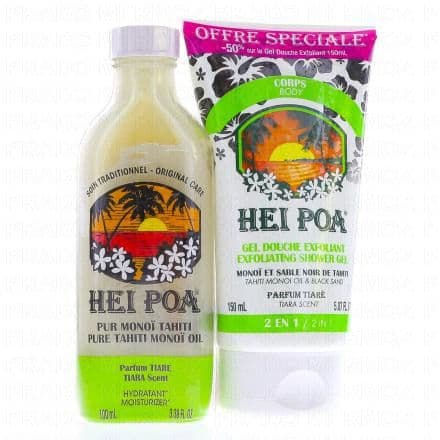Pur monoï de Tahiti parfum Tiaré et son gel douche exfoliant. Pur monoï de Tahiti : Utilisée pour la peau ainsi que pour les cheveux, l’huile de Monoï aux vertus protectrices et hydratantes envoûte les sens de son parfum de Tahïti. Associée à la Fleur de Tiarée, elle hydrate, nourrit assouplit et protège la peau et les cheveux des agressions extérieures. Préparée par macération de fleurs fraîches dans de l'huile de coprah. Conditionnement : flacon plastique avec fleur.Gel douche Exfoliant : Le gommage moussant pour le corps HEI POA libère la peau des impuretés et des cellules mortes. Sa formule associant l’huile traditionnelle de Monoï de Tahiti AO aux Sable Noir de Tahiti, à la Papaye, au Coco et au Tamanu sacré adoucit et hydrate la peau tout en favorisant sa réparation. Sans colorant. Sans paraben. Sans Phenoxyethanol.