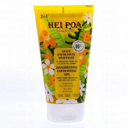 Exfolie la peau. La gelée exfoliante est un soin pour le corps qui gomme votre peau en douceur. Son usage 2 en 1 exfolie et hydrate la peau et sa texture fondante élimine les cellules mortes. Grâce au gommage Hei peau, retrouvez une peau douce et tonifiée. Sn parfum au monoï de tahiti et au zeste de citron dépose une délicate odeur sur votre peau. Formule à 95% d'origine naturelle.