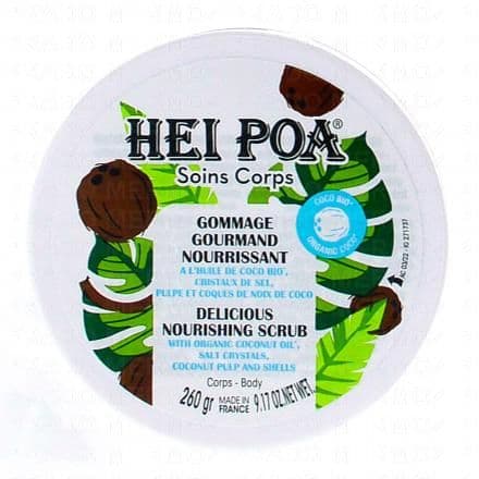 Ce gommage doux pour le corps au parfum gourmand de coco exfolie, nourrit et adoucit la peau en douceur. Hei Poa Gommage Gourmand Nourrissant Coco 260g est un gommage véritable soin 2-en-1, ce gommage exfolie et nourrit le peau.Gourmand mélange de cristaux de sel, de pulpe et de coques de noix de coco, exfoliants 100% naturel.Il élimine les cellules mortes efficacement et en douceur, même des peaux les plus sèches. La peau est lisse, douce et éclatante. Enrichi en huile de coco bio, il nourrit intensément et réconforte la peau.Réel moment de bien-être, sa texture baume-en-huile se transforme, au contact de l'eau, en un voile lacté nourrissant enveloppant une peau délicieusement parfumée à la coco.