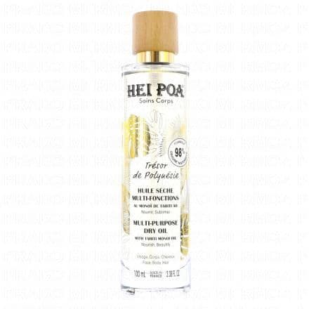 Huile sèche multi-Fonction Hei Poa Soins Corps Trésor de Polynésie Huile Sèche Multi-Fonctions est une huile riche en monoï de Tahiti AO qui nourrit, hydrate et sublime le visage, le corps et les cheveux. Elle laisse un voile satiné pour une peau douce.Délicatement parfumée aux fleurs paradisiaques, elle procure un moment d'évasion en Polynésie.
