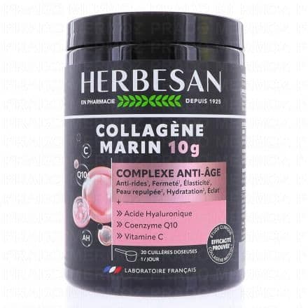Collagène marin, Acide hyaluronique, Vitamine C, Coenzyme Q10 HERBESAN Collagène marin 10g est un complément alimentaire à base collagène marin de type I et III, extrait de la peau de poisson. Il est enrichi en acide hyaluronique, vitamine C et coenzyme Q10. La vitamine C contribue à la formation normale de collagène pour assurer la fonction normale de la peau.Pot de 210g
