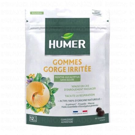 HUMER Gommes Gorge irritée Goût Menthe Eucalyptus 30 gommes