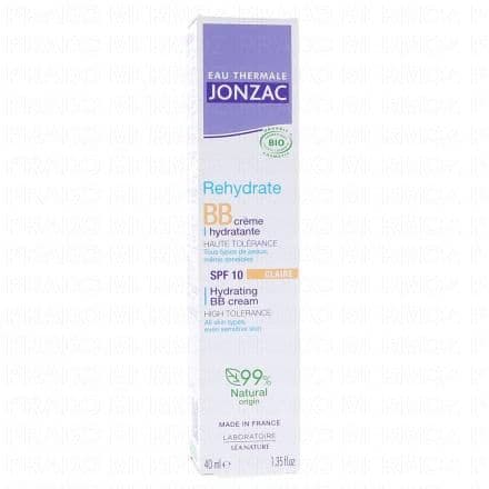 BB Crème hydratante. Eau Thermale Jonzac Rehydrate BB Crème Bio 40 ml - Teinte : Claire est un soin teinté haute tolérance, enrichi en eau thermale de Jonzac, glycérine et acide hyaluronique. Cette BB crème 5en1 hydrate intensément, unifie, illumine, lisse et protège la peau immédiatement et en un seul geste.Sa texture légère infusée de pigments minéraux d'origine naturelle homogénéise le teint et floute les imperfections sans marquer les micro-reliefs cutanés (ridules, pores, etc.) pour un fini naturel et confortable, toute la journée.L'ajout d'une protection solaire SPF10 protège la peau des dommages causés par les rayons UV.