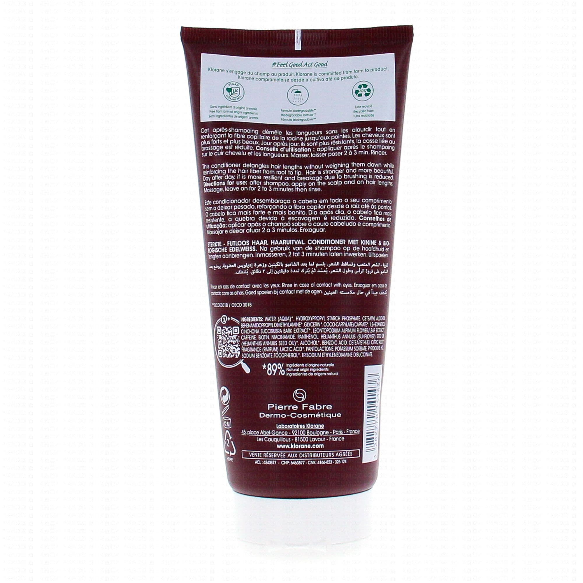 Baume capillaire après shampoing fortifiant et revitalisant à la quinine. Formulé à base de d'Edelweiss bio et de Quinine, ce baume capillaire rend la fibre capillaire plus solide, tout en favorisant la pousse des cheveux. Démêlant, renforce la structure et stimule la pousse des cheveux. Hypoallergénique.