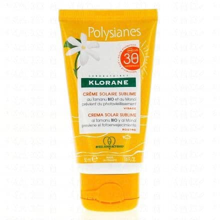Polysianes crème solaire sublime au Tamanu bio et au Monoï SPF30 tube 50ml La crème solaire sublime visage polysianes SPF30 protège efficacement contre les rayons UVA et UVB la peau de votre visage. Sa texture légère et non grasse composée de tamanu bio et de monoï nourrit et répare la peau, tout en laissant un doux parfum de fleurs de Tiaré.
