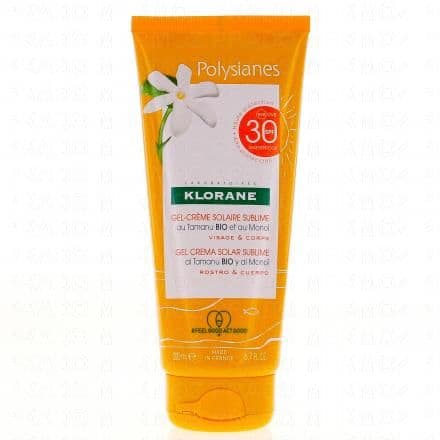 Polysianes gel-crème solaire sublime au Tamanu et au monoï bio SPF30 tube 200ml Le gel-crème solaire sublime Polysianes est spécialement conçu pour le visage et le corps. Il protège hautement la peau des rayons UVA et UVB avec un SPF 30. Hydratant.