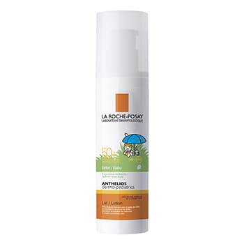 Lait solaire très haute protection pour le visage et le corps du bébé. Pour les peaux délicates ou à tendance atopiques des bébés et jeunes enfants de moins de 3 ans, LA ROCHE-POSAY propose Anthelios Dermo-Pediatrics lait bébé SPF50+. Grâce à sa formule développée spécialement pour la peau fragile des bébés ce soin solaire bénéficie d'une protection UVB et UVA optimale. Enrichie en beurre de karité il hydrate apaise et renforce la barrière cutanée de bébé.