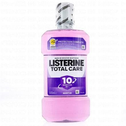 Bain de bouche, violet. Idéal pour une hygiène bucco-dentaire irréprochable, le bain de bouche Listerine Total Care offre un large spectre de protection en réduisant les bactéries responsables de la plaque dentaire et en renforçant l’émail des dents ce qui prévient la formation du tartre. Sa formule fluorée offre une haleine fraîche. Soin nettoyant et antibactérien. Réduit la plaque dentaire, prévient la formation du tartre, protège et renforce l'émail. Rafraîchissant de l'haleine 24 H. Conditionnement : flacon plastique. Le plus complet des bains de bouche Listerine®6 bénéfices en 1Testé cliniquement* *Etude sur la réduction de la plaque