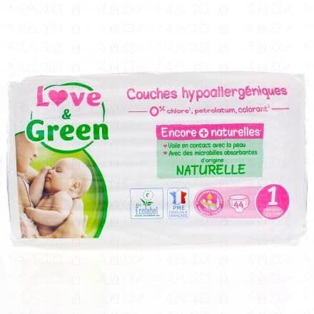 LOVE&GREEN Couches hypoallergéniques taille 1 - 2à5kg x44 couches