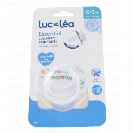 LUC ET LEA Essentiel collerette confort+ - Sucette 0-6 mois j'aime mon papa j'aime ma maman