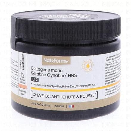 Prêle, Vitamine B6, Vitamine C, Zinc, Collagène NAT & FORM Collagène Marin Kératine Cynatine HNS 2.5g Cheveux Anti-Chute et Pousse poudre 120g est un complément alimentaire qui contribue à la santé des phanères grâce à la présence de Prêle. Le Zinc aide au maintien de cheveux normaux.