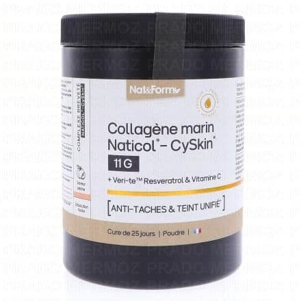 Vitamine C, Resvératrol, Collagène, L-cystine NAT & FORM Collagène Marin Naticol CySkin 11g Anti-Tâches et Teint Unifié poudre 365g est un complément alimentaire qui contribue au maintien d'une peau en bonne santé grâce à la présence de Collagène. Le Resvératrol et la vitamine C aident à la protection des cellules contre le stress oxydatif ce qui permet de lutter contre le vieillissement cutané.