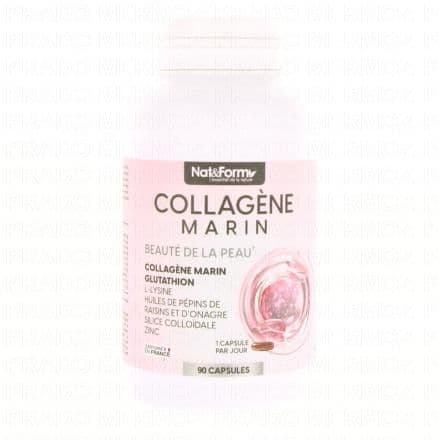 Onagre, Lysine, Zinc, Collagène, Pépins de raisin NAT&FORM Collagène Marin x90 Capsules est un complément alimentaire qui contribue à maintenir l'élasticité de la peau grâce à la présence d'onagre. Le Collagène aide au maintien de la santé de la peau. Le pépin de raisin et le zinc possèdent des propriétés antioxydantes.