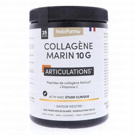 Collagène, Vitamine C NAT & FORM Collagène marin Articulations poudre 252g est un complément alimentaire enrichit en peptides de collagène hydrolysés de type I et III. Il permet de maintenir un confort articulaire et aide à la mobilité.