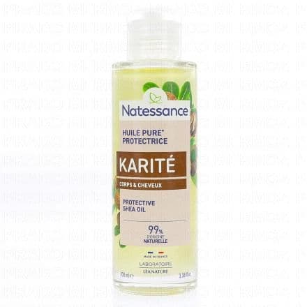 Huile nourrissante, visage, corps et cheveux. Véritable gorgée nourrissante pour le corps et les cheveux, l'huile de karité est formulée à 100% pure et sans paraben ni silicone. Elle nourrit mieux que le beurre de karité dont elle est issue et permet d'adoucir et de revitaliser les cheveux secs et abîmés mais protège également la peau des agressions extérieures.