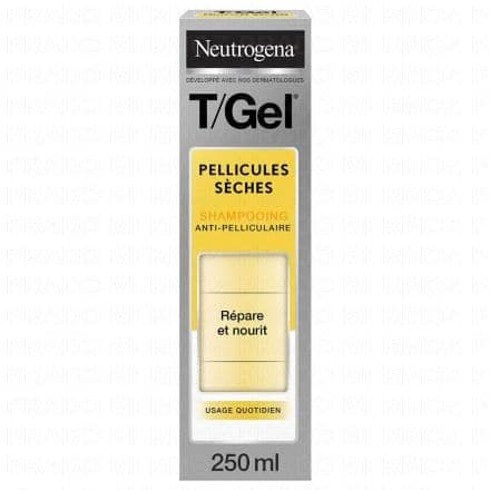 Shampoing antipelliculaire traitant pour pellicules sèches et cheveux secs. NEUTROGENA® T/GEL® Pellicules sèches est un shampoing antipelliculaire quotidien qui aide à réparer les cheveux secs et abîmés tout en les laissant nourris et protégés.Testée dermatologiquement, sa formule moussante est délicatement parfumée et élimine les pellicules sèches dès la racine dès la 1ère utilisation.Pour aider à combattre les pellicules, ce produit contient un puissant actif purifiant : l’acide salicylique, et de la piroctone olamine.